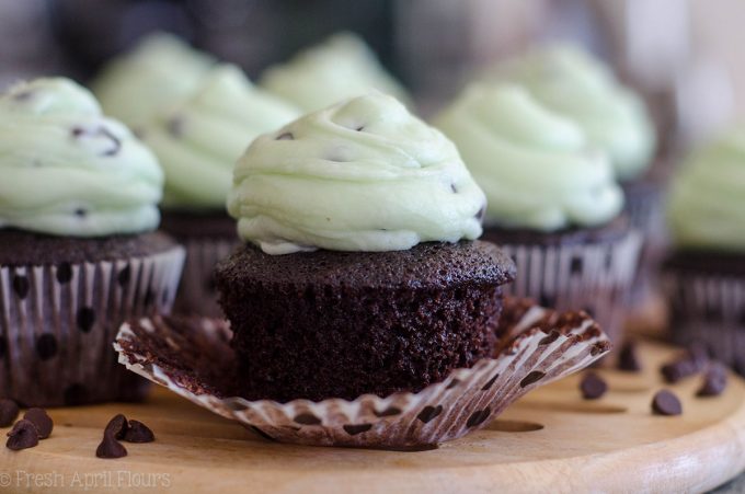 Mint Chocolate Chip Cupcakes: Dark chocolate chocolate chip cupcakes topped with creamy mint chocolate chip buttercream.