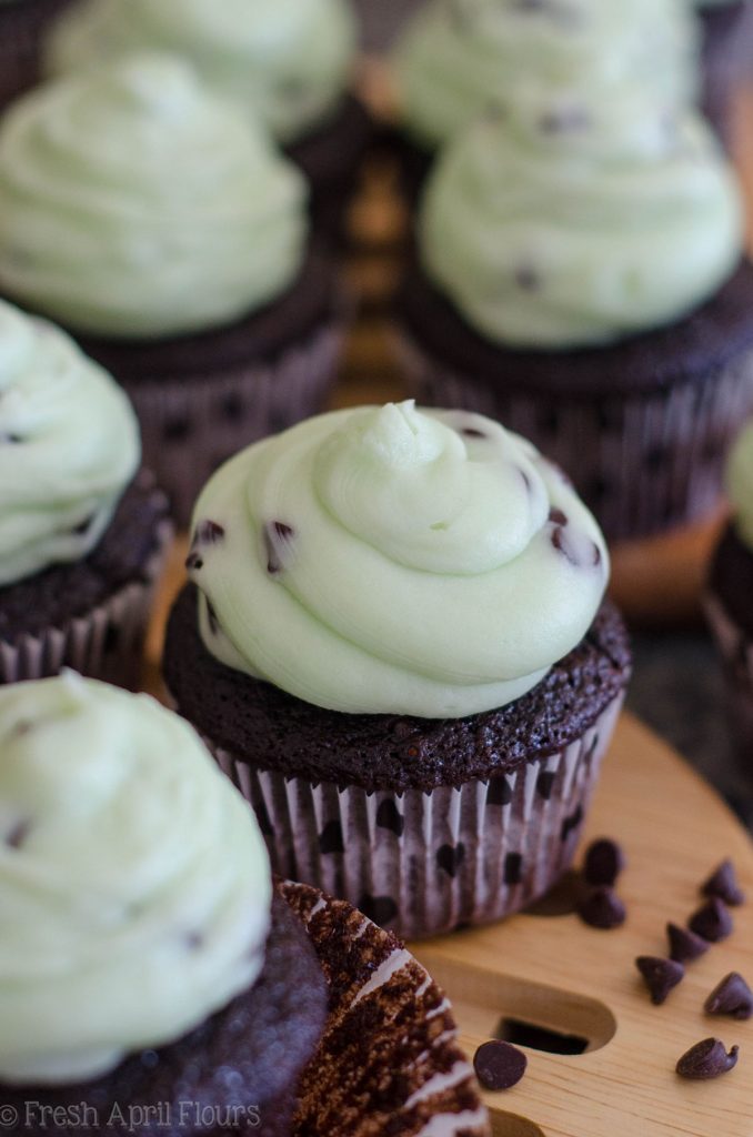 Mint Chocolate Chip Cupcakes: Dark chocolate chocolate chip cupcakes topped with creamy mint chocolate chip buttercream.