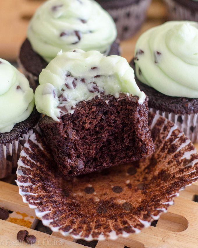 Mint Chocolate Chip Cupcakes: Dark chocolate chocolate chip cupcakes topped with creamy mint chocolate chip buttercream.