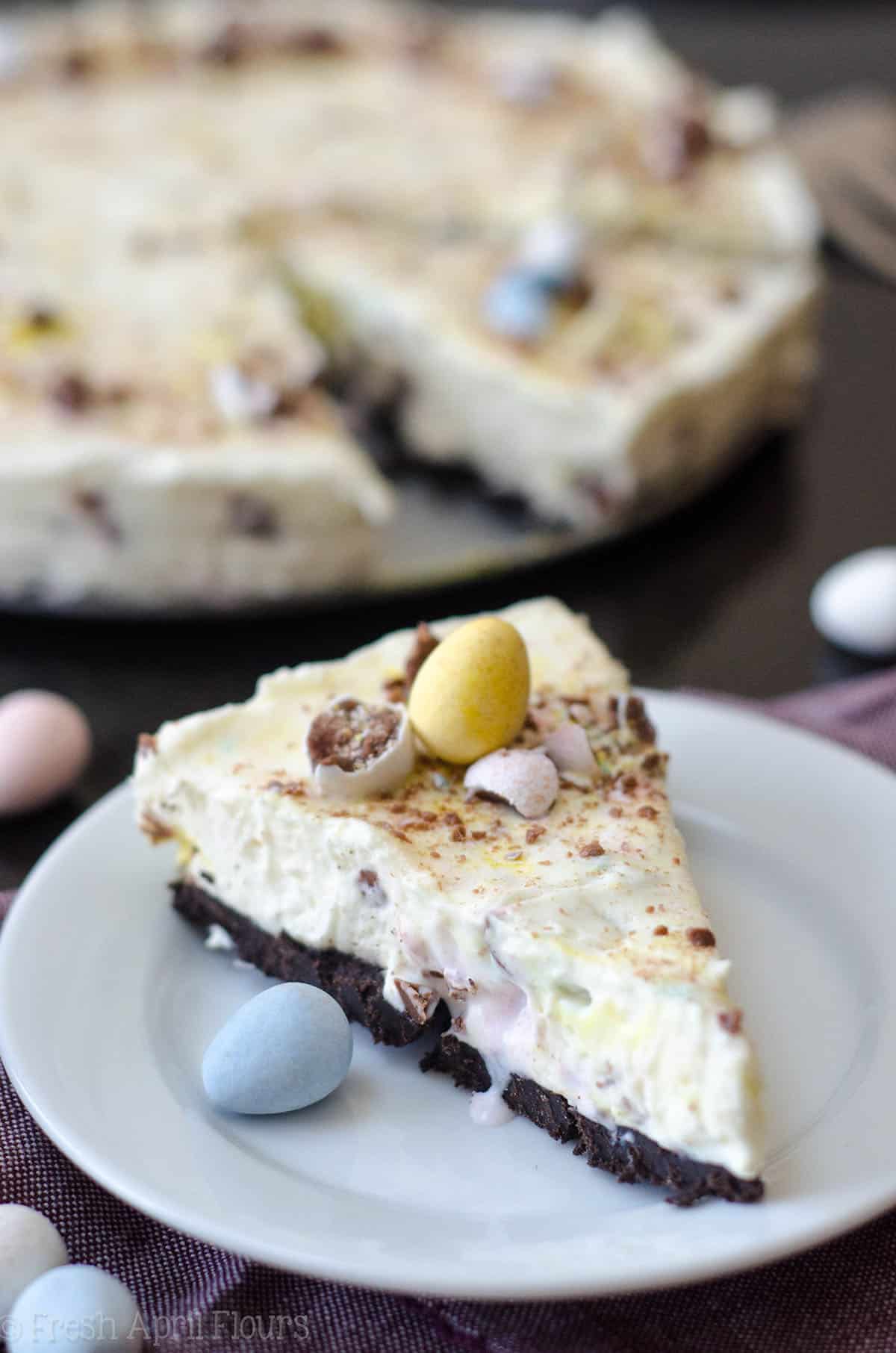 No Bake Cadbury Egg Pie: A creamy no bake pie filled with chopped Cadbury Mini Eggs-- perfect for Easter! via @frshaprilflours