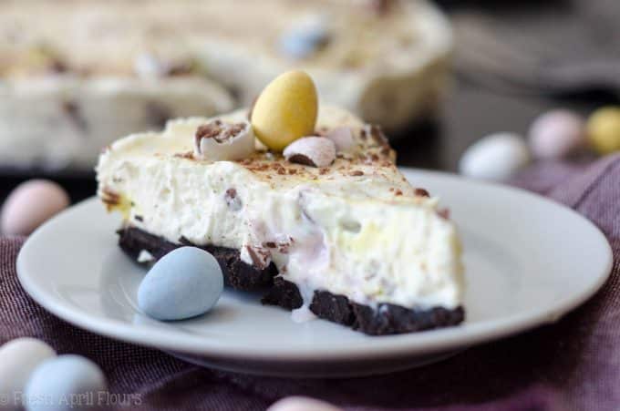 No Bake Mini Egg Pie: A creamy no bake pie filled with chopped Cadbury Mini Eggs-- perfect for Easter!
