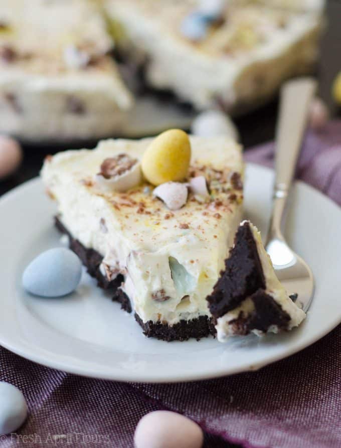 No Bake Cadbury Egg Pie: A creamy no bake pie filled with chopped Cadbury Mini Eggs-- perfect for Easter!