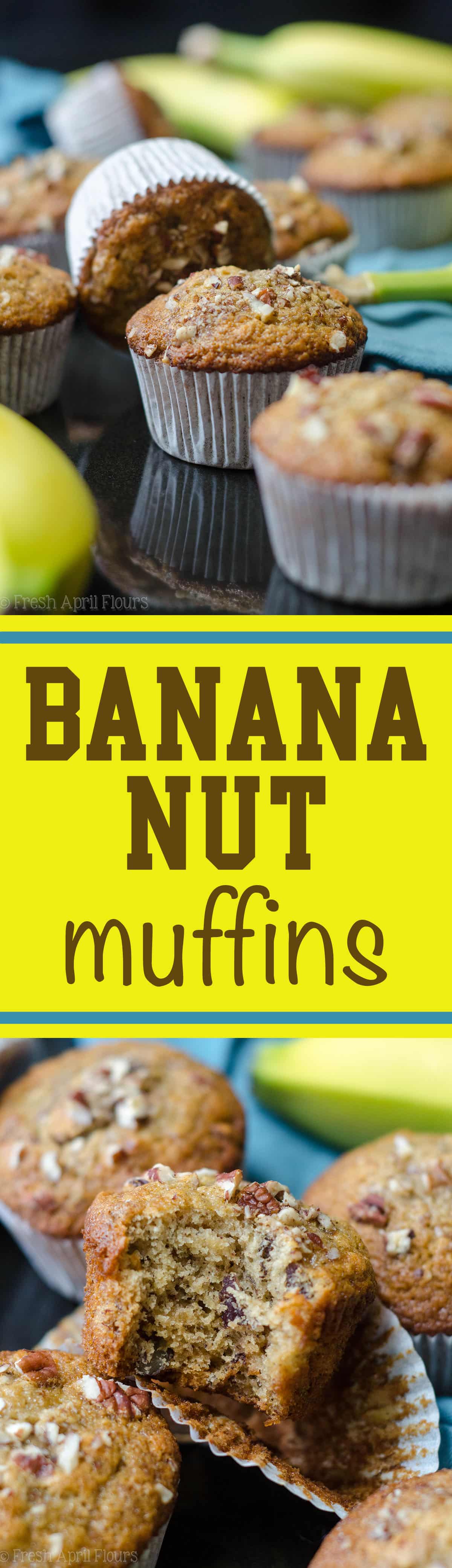 This simple banana muffin recipe is the perfect way to use ripe bananas for a quick and easy addition to breakfast or a simple snack. You can make these banana bread muffins with or without nuts. via @frshaprilflours