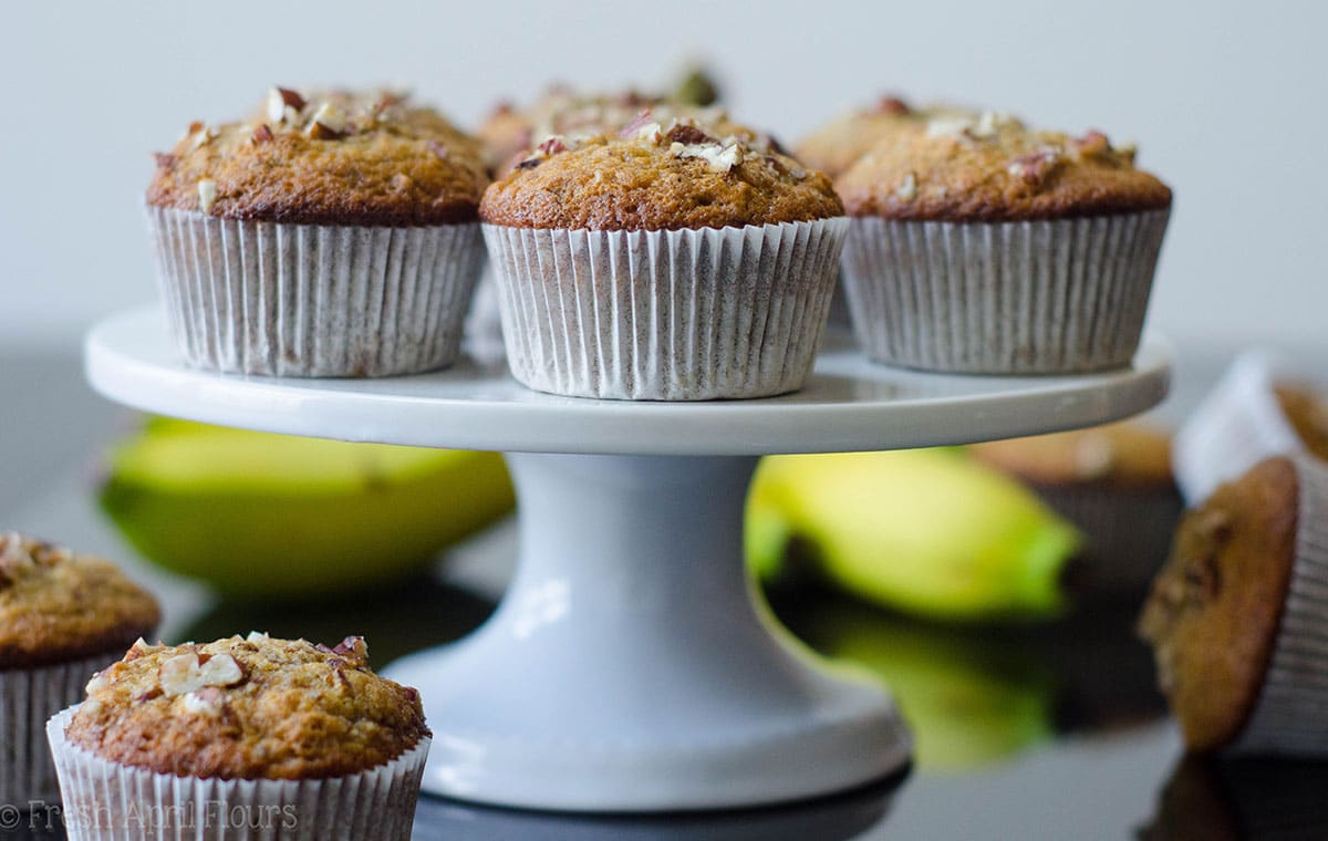 banana nut muffins on a platter