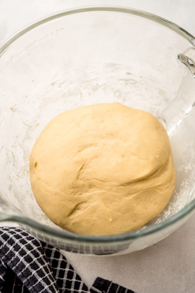 A ball of risen yeasted dough in a bowl.