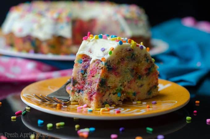 Funfetti Bundt Cake with Whipped White Chocolate Ganache Frosting: Classic white cake loaded with sprinkles and covered in a buttery white chocolate ganache.