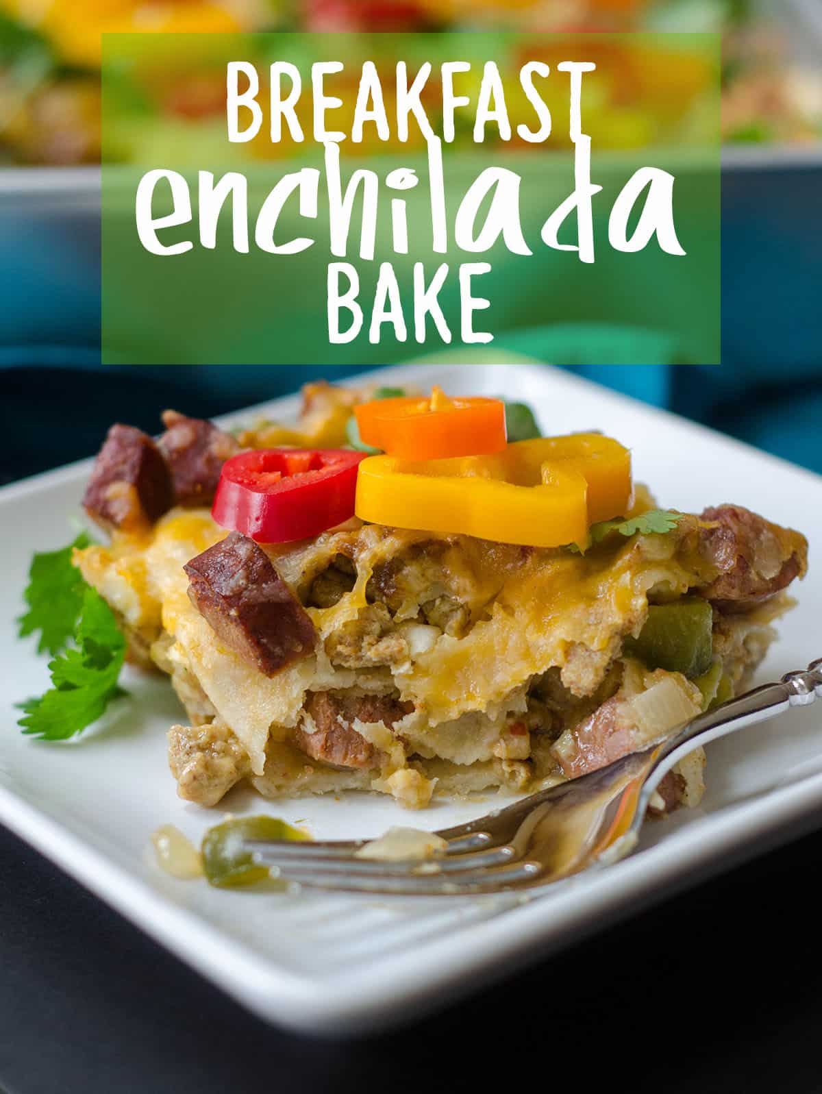 Enchilada Breakfast Bake: Seasoned scrambled eggs and vegetables combined with spicy chorizo, and layered between corn tortillas and enchilada sauce for an easy and flavorful breakfast dish. via @frshaprilflours