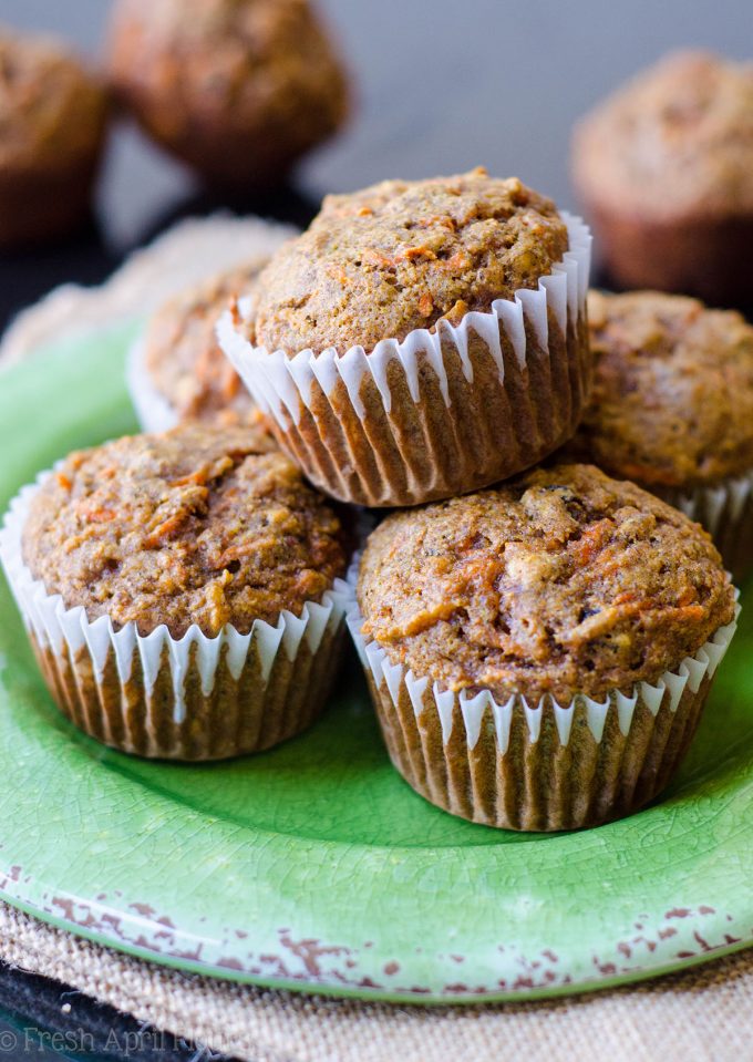 Morning Glory Muffins: Hearty whole wheat muffins packed with fruits, vegetables, nuts, and flaxseed to fill you up at breakfast time.