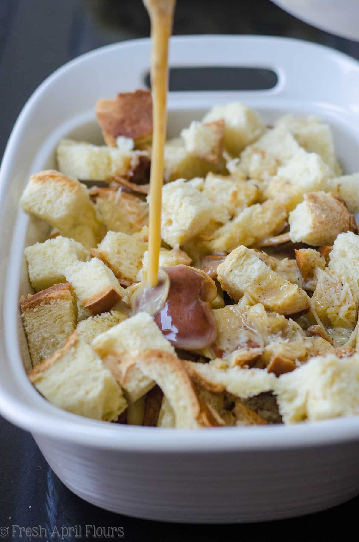 pouring custard onto french toast casserole