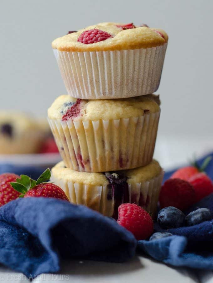 Very Berry Muffins: Soft and flavorful buttermilk muffins bursting with blueberries, raspberries, and strawberries.