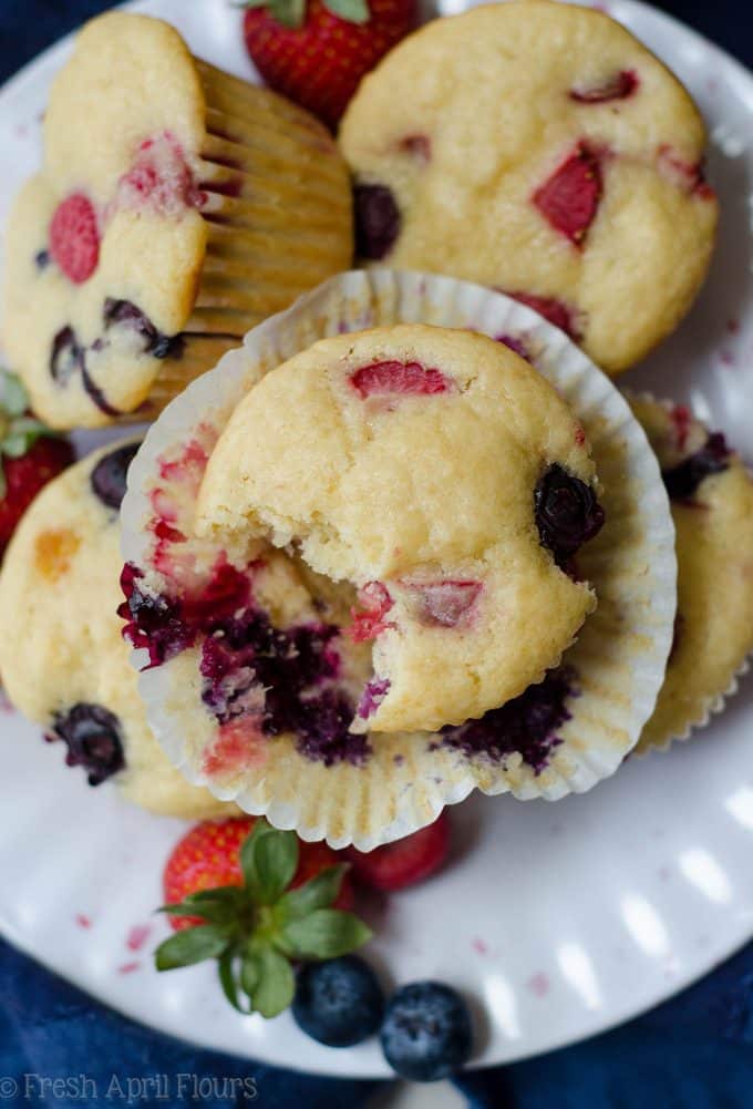 Very Berry Muffins: Soft and flavorful buttermilk muffins bursting with blueberries, raspberries, and strawberries.