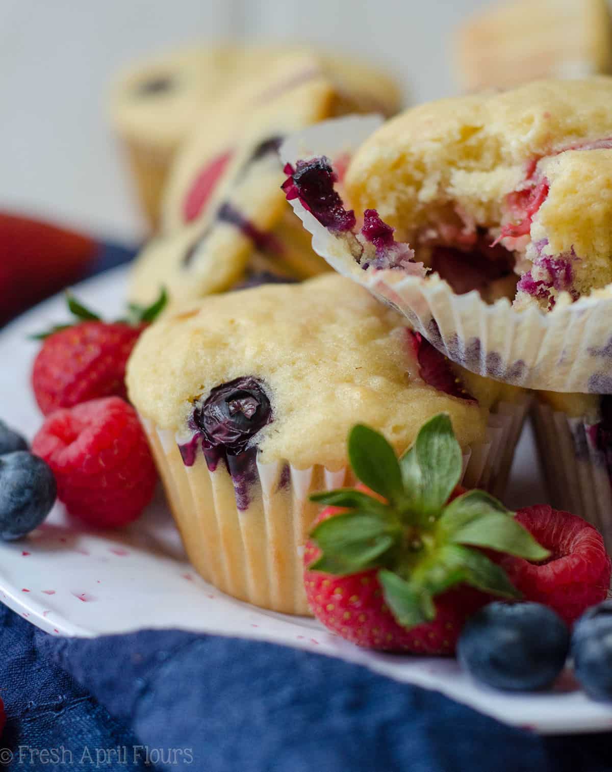 Very Berry Muffins: Soft and flavorful buttermilk muffins bursting with blueberries, raspberries, and strawberries.