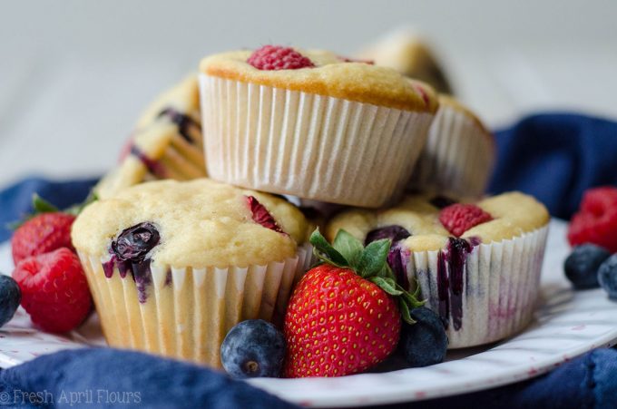 Very Berry Muffins: Soft and flavorful buttermilk muffins bursting with blueberries, raspberries, and strawberries.