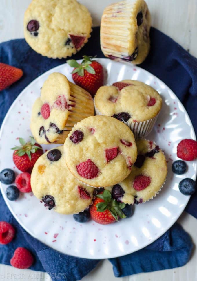 Very Berry Muffins: Soft and flavorful buttermilk muffins bursting with blueberries, raspberries, and strawberries.