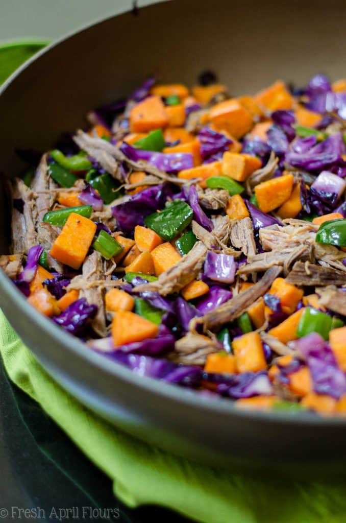 BBQ Brisket Hash: BBQ brisket gets a vegetable overhaul, combined with tender sweet potatoes, crunchy red cabbage, and spicy poblano and jalapeño peppers.