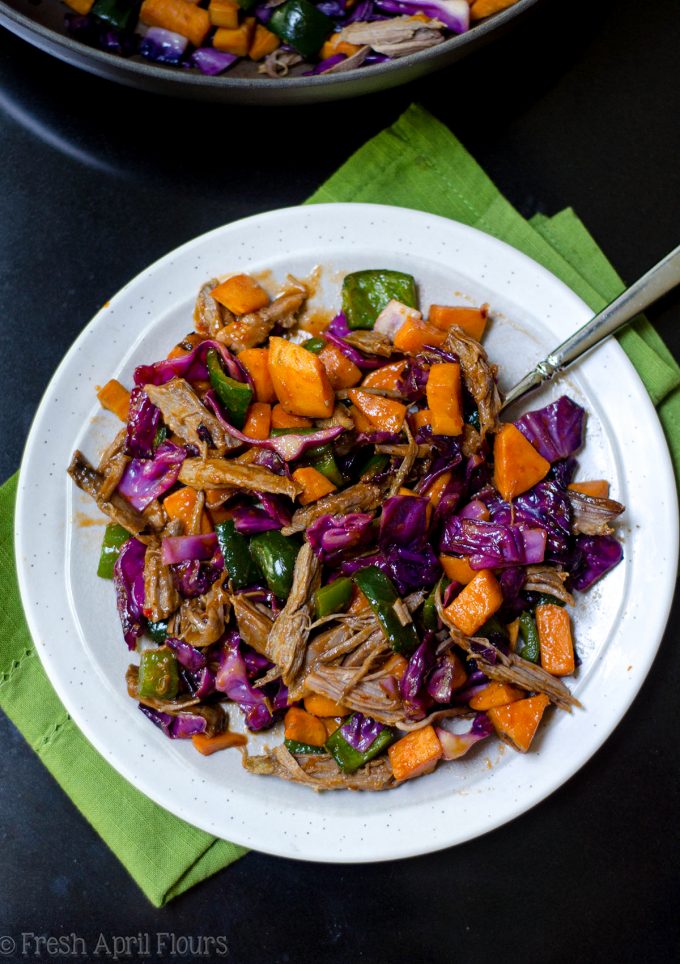 BBQ Brisket Hash: BBQ brisket gets a vegetable overhaul, combined with tender sweet potatoes, crunchy red cabbage, and spicy poblano and jalapeño peppers.