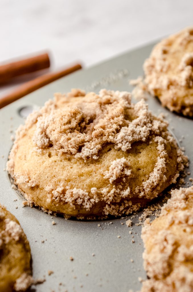 A closeup photo of a cinnamon streusel muffin in a baking pan.