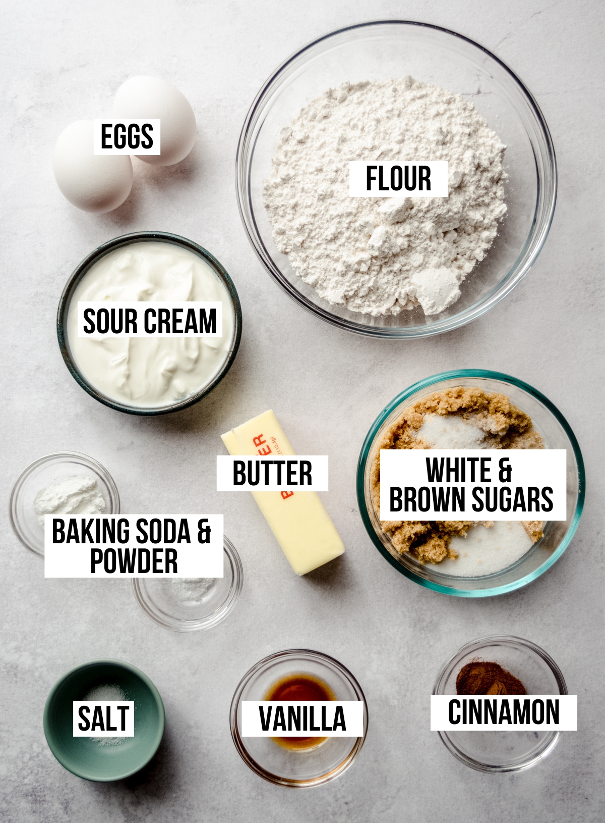 Aerial photo of ingredients to make coffee cake muffins with text overlay labeling each ingredient.