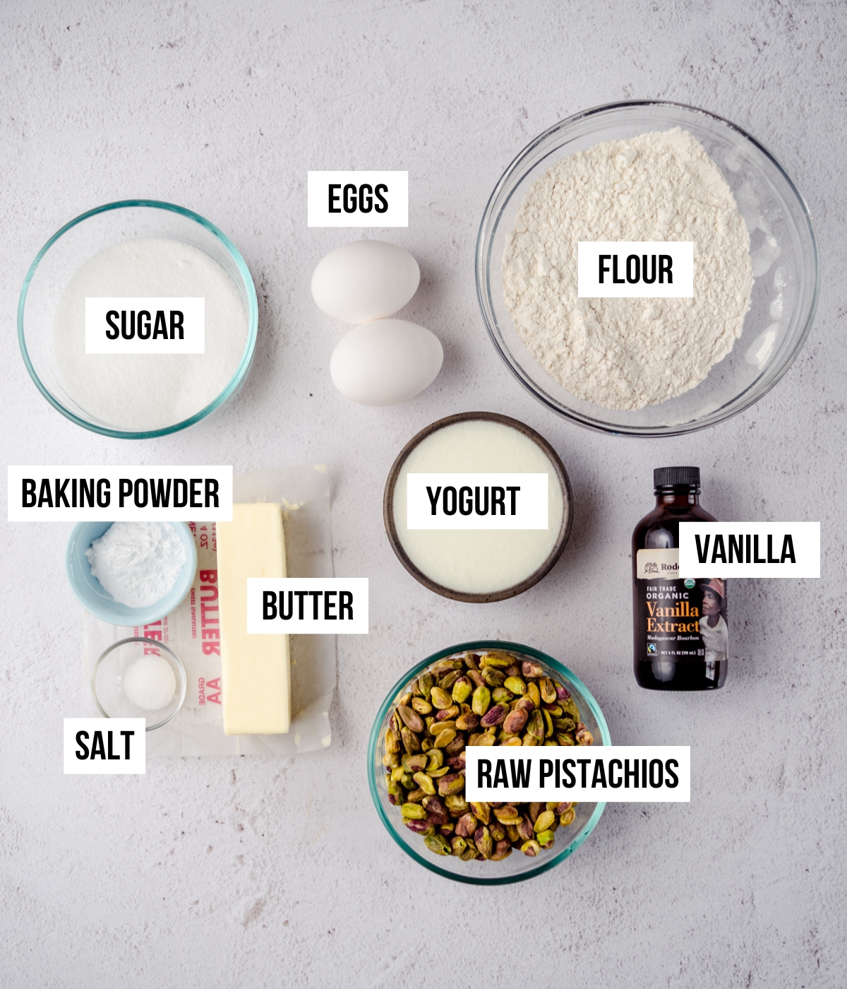 Ingredients for pistachio muffins with text overlay.