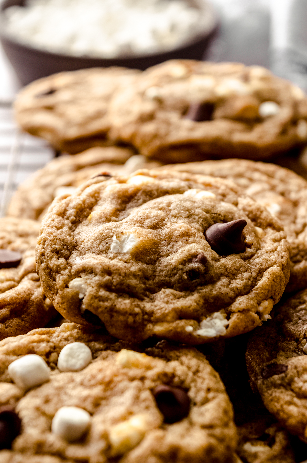 A stack of s'mores chocolate chip cookies.