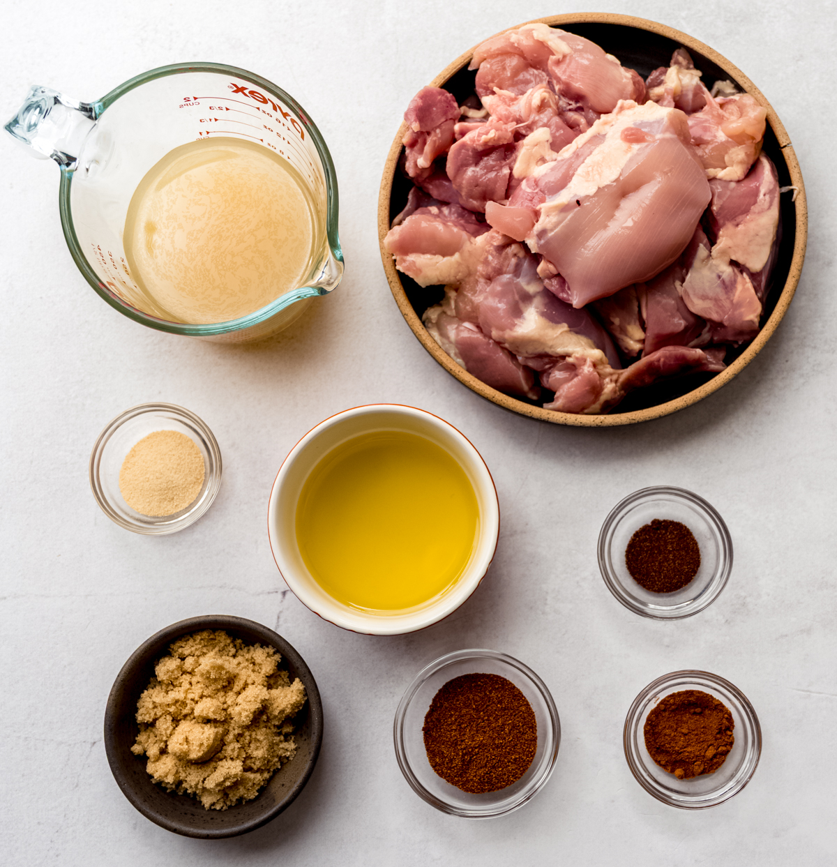 Aerial photo of ingredients to make hot chicken.