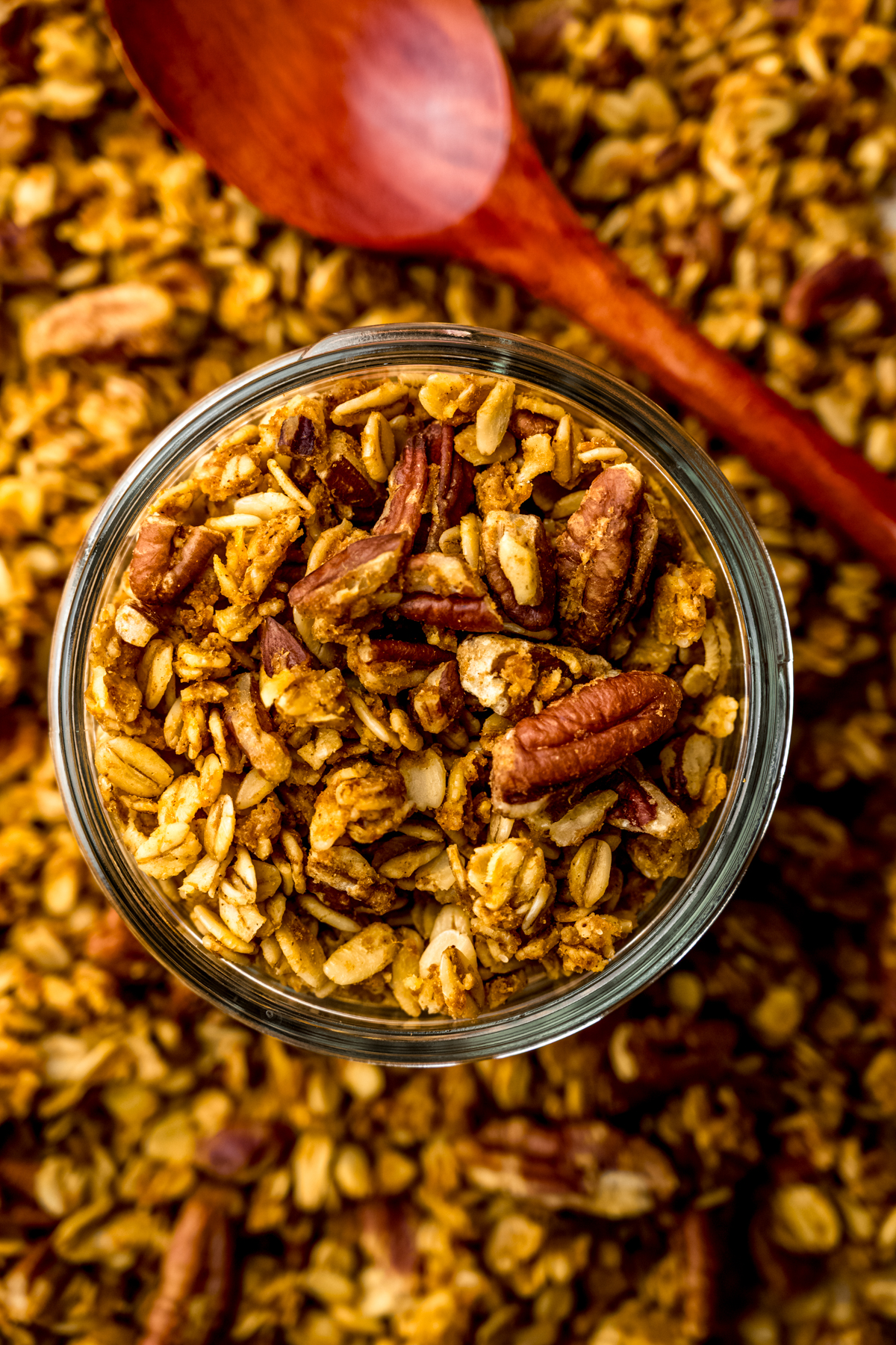 Aerial photo of a jar of pumpkin granola.