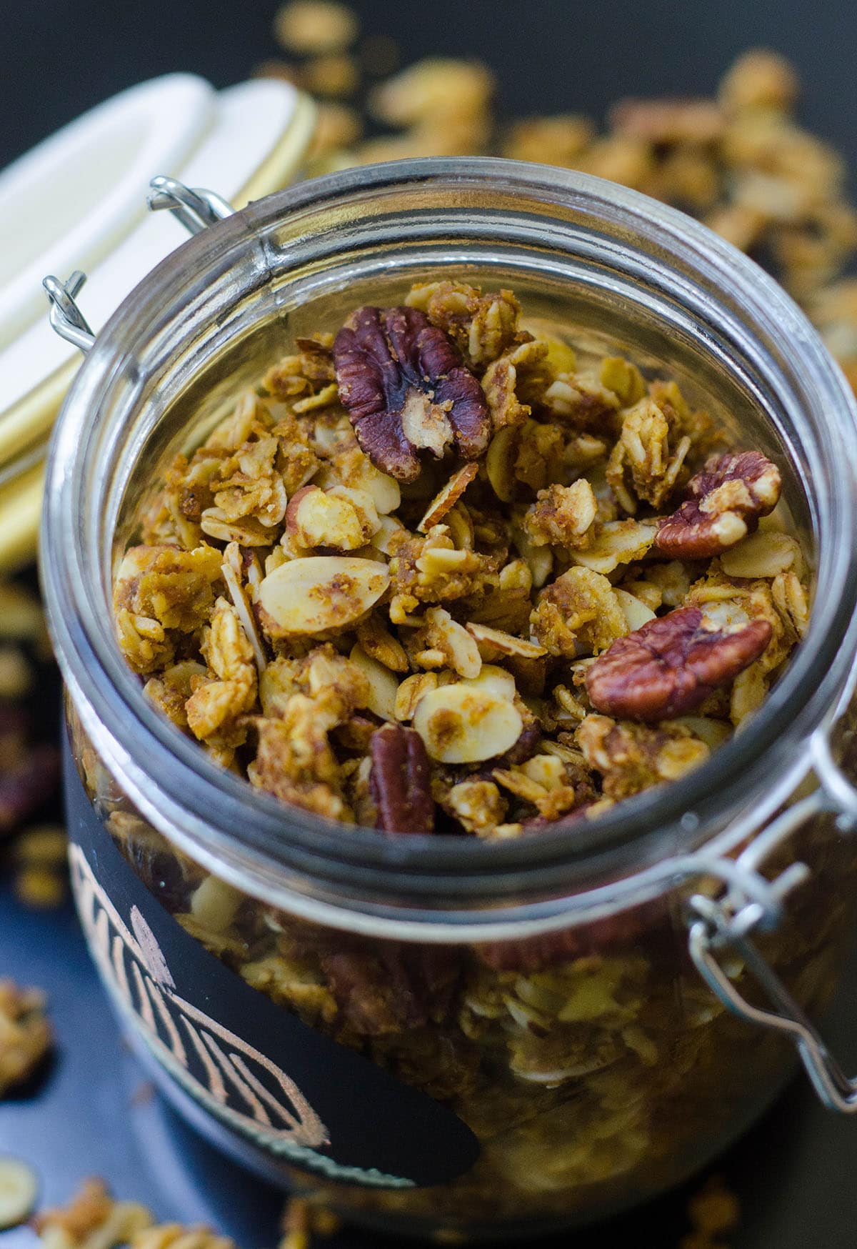 Soft-Baked Pumpkin Pie Granola: Homemade spiced granola gets a pumpkin flair thanks to real pumpkin, and sweetened with brown sugar and maple syrup. Not your ordinary crunchy granola-- this stuff is soft like pie!