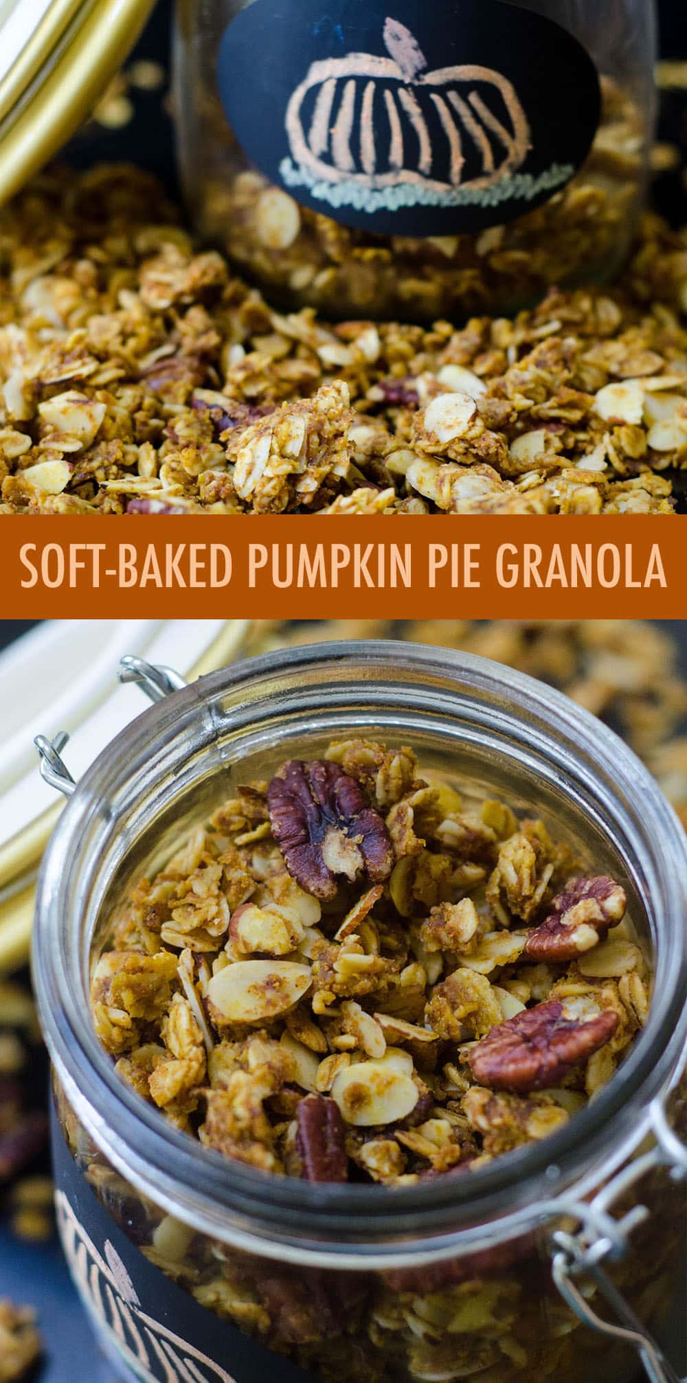 Homemade spiced granola gets a pumpkin flair thanks to real pumpkin, and sweetened with brown sugar and maple syrup. Not your ordinary crunchy granola-- this stuff is soft like pie! via @frshaprilflours