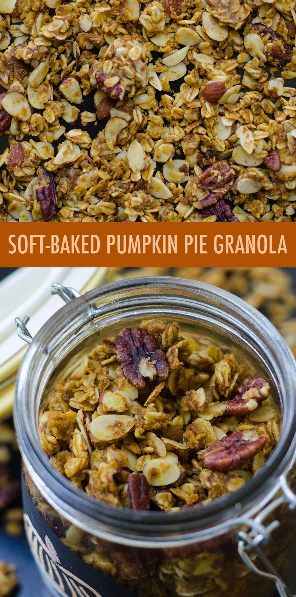 Homemade spiced granola gets a pumpkin flair thanks to real pumpkin, and sweetened with brown sugar and maple syrup. Not your ordinary crunchy granola-- this stuff is soft like pie! via @frshaprilflours