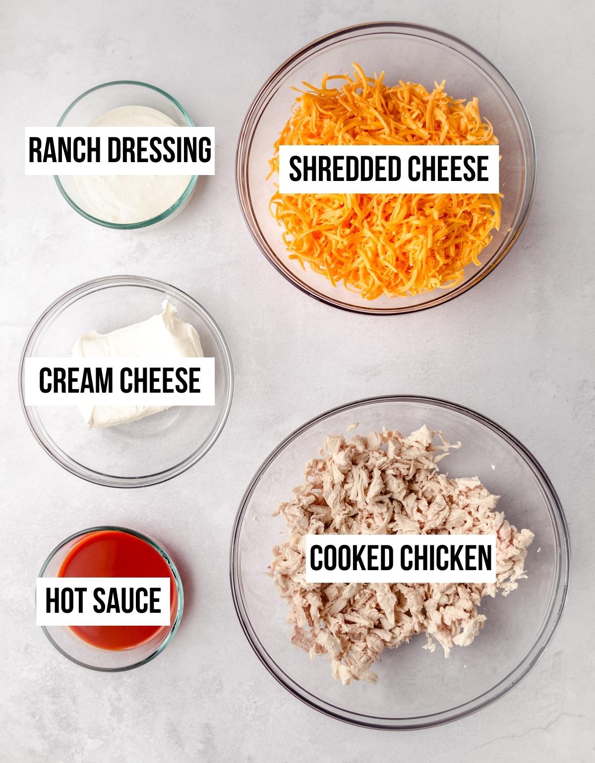 Ingredients for easy buffalo chicken dip with text overlay.