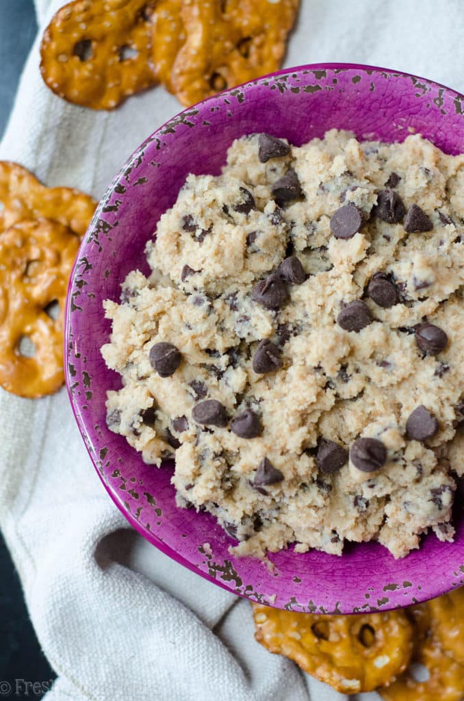Chocolate Chip Cookie Dough Dip: Safe-to-eat eggless cookie dough ready to eat with a spoon or a dipper!