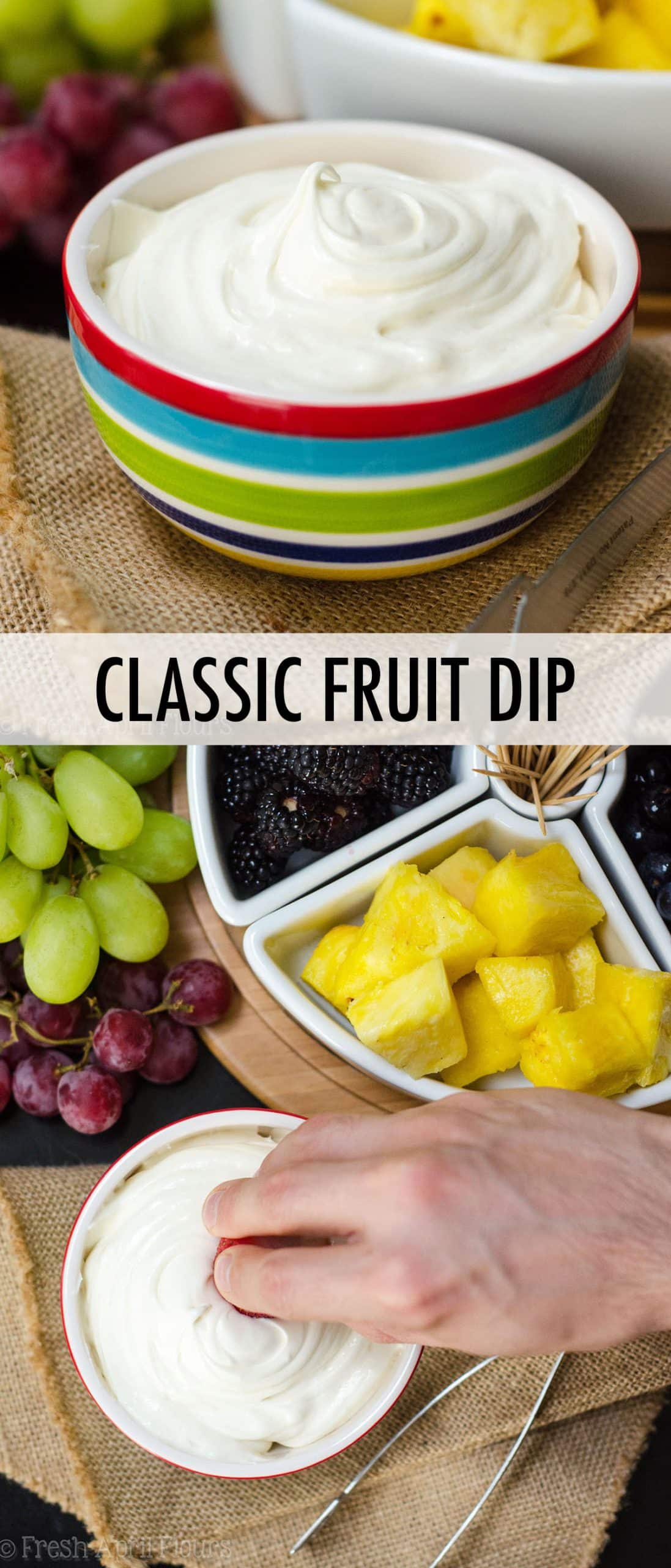 You only need two ingredients to make my favorite fruit dip. Make this easy fruit dip recipe even tastier by adding your favorite extract! Serve with your favorite fresh fruit or suggested list of other dippable snacks. via @frshaprilflours
