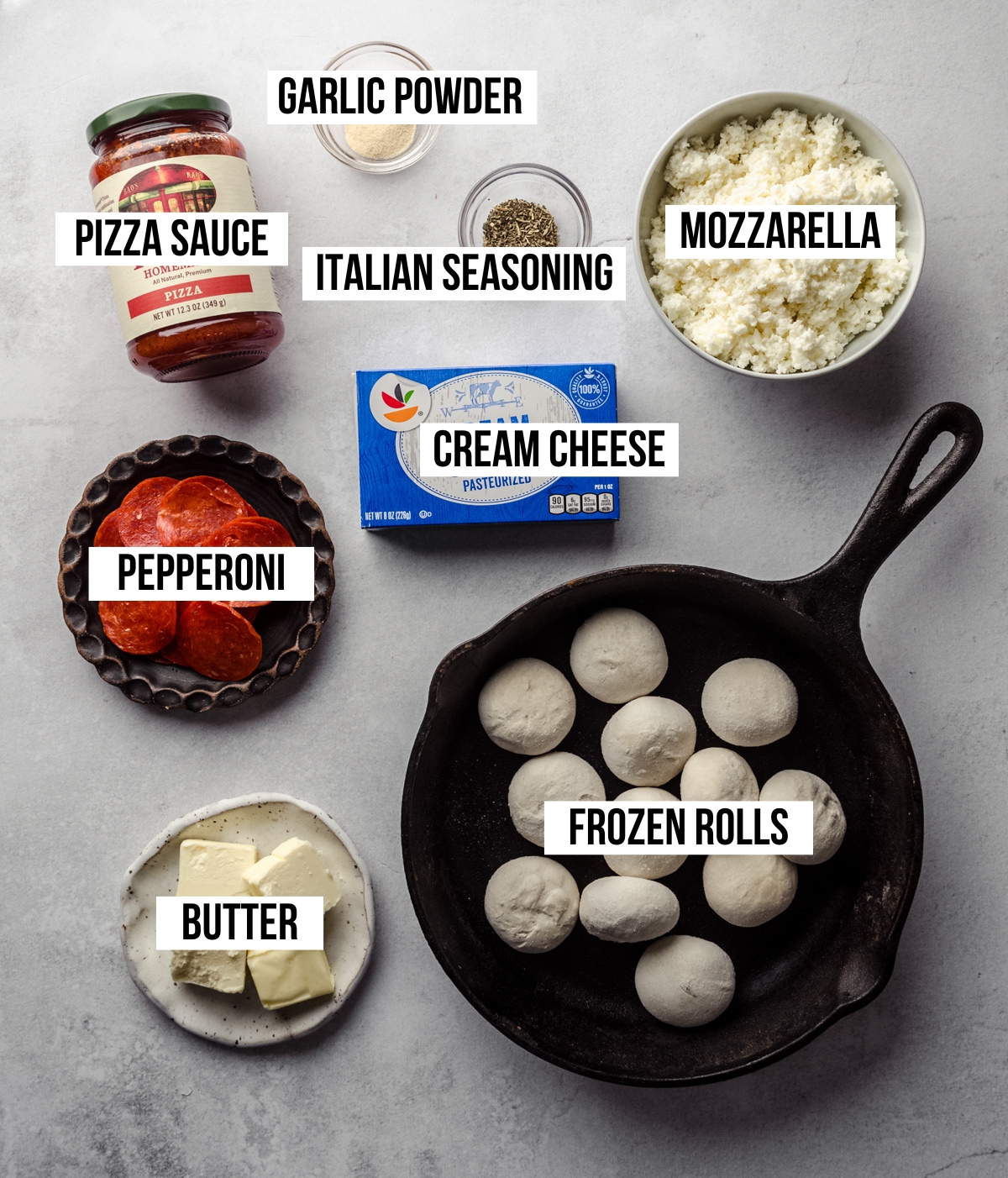 Aerial photo of ingredients to make pizza dip with text overlay labeling each ingredient. 