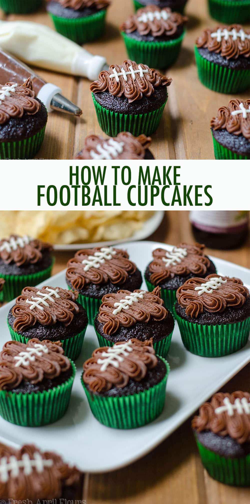 Turn any batch of cupcakes into adorable football cupcakes with this easy tutorial and video. It's a touchdown every time! via @frshaprilflours