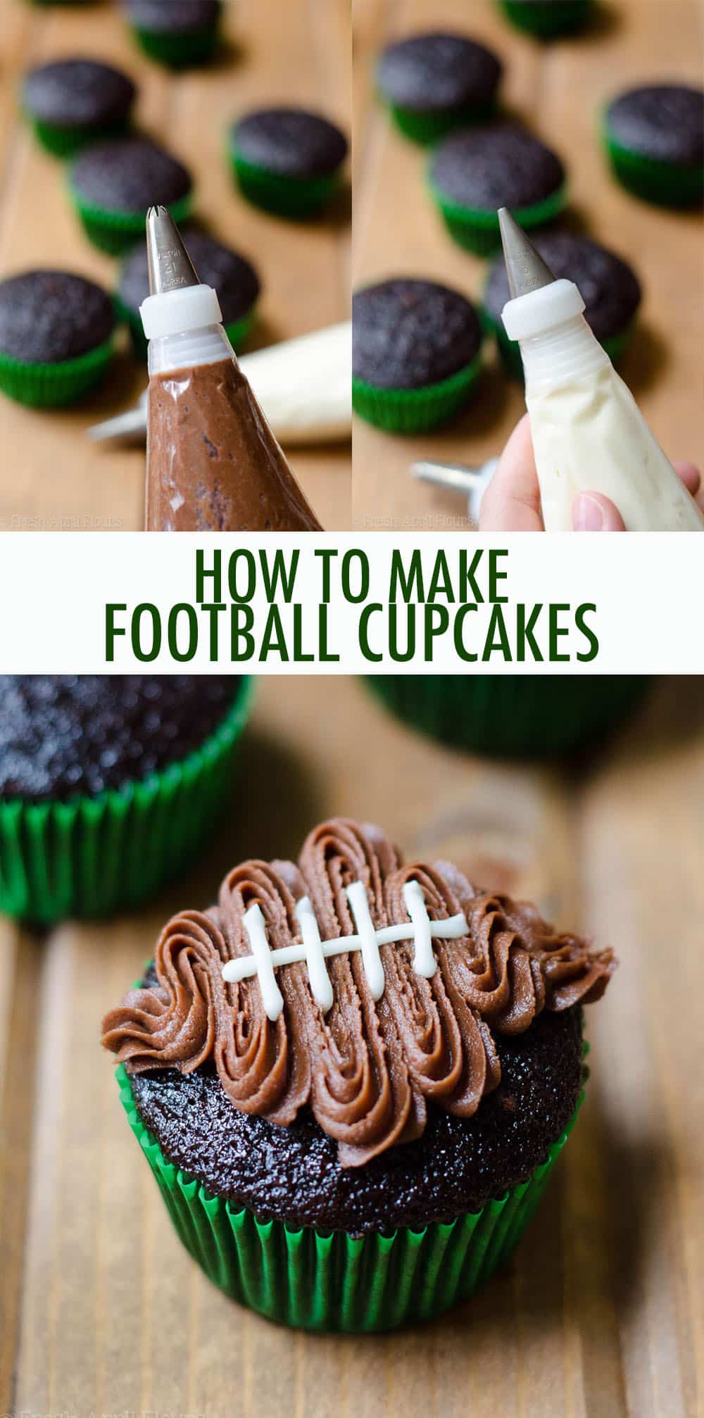 Turn any batch of cupcakes into adorable football cupcakes with this easy tutorial and video. It's a touchdown every time! via @frshaprilflours