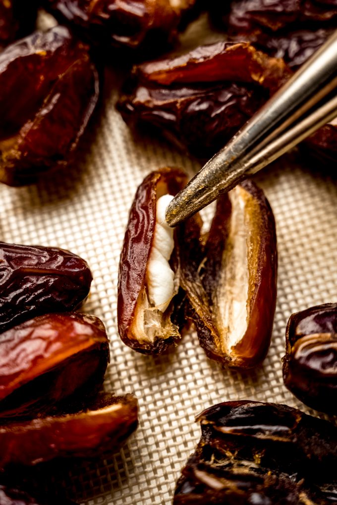 Someone is filling a date with goat cheese using a piping tip.
