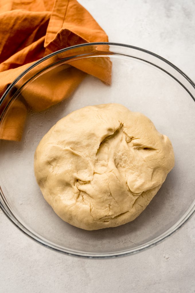 Yeast dough in a bowl before it has risen.