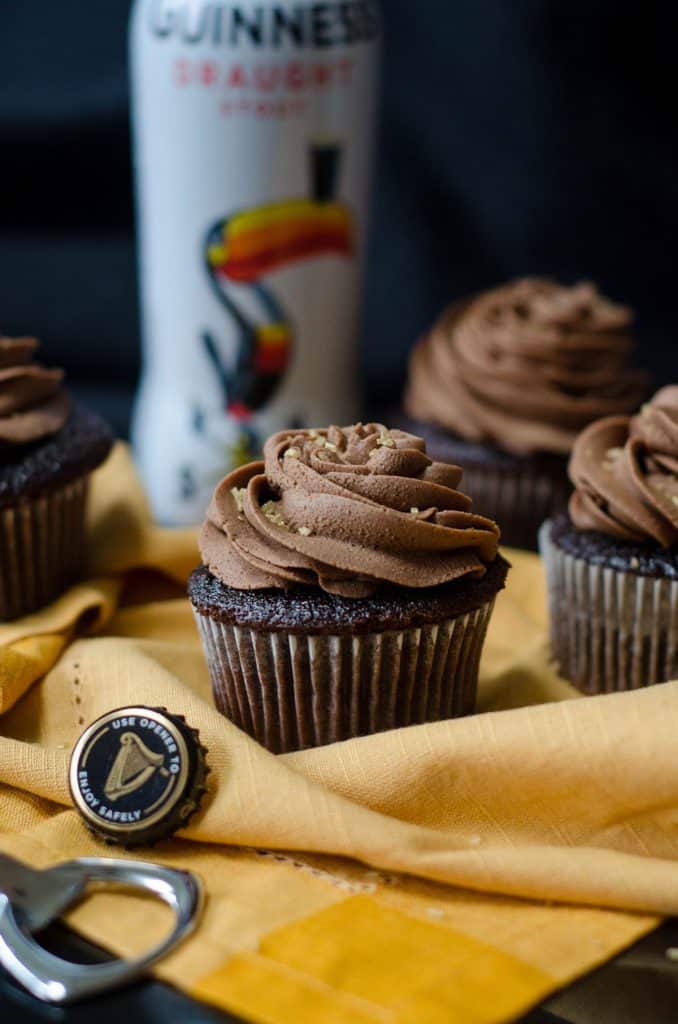 Guinness Cupcakes: Dark chocolate cupcakes infused with a chocolate stout reduction and topped with a chocolate stout buttercream. Perfect for your St. Paddy's Day celebration!