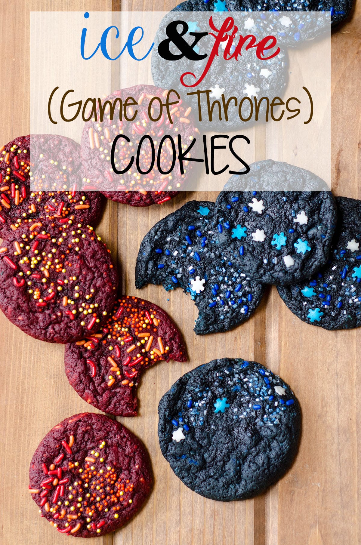 Ice & Fire (Game of Thrones) Cookies: Easy red and blue velvet cookies donned with icy and firey sprinkles.  via @frshaprilflours