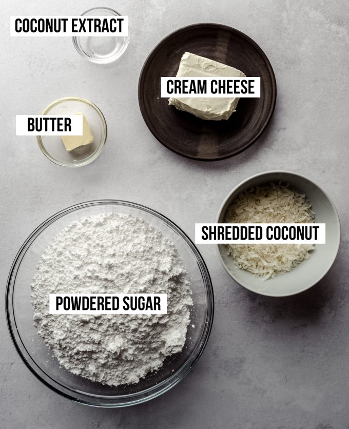 Aerial photo of ingredients to make coconut buttercream Easter candies with text overlay.
