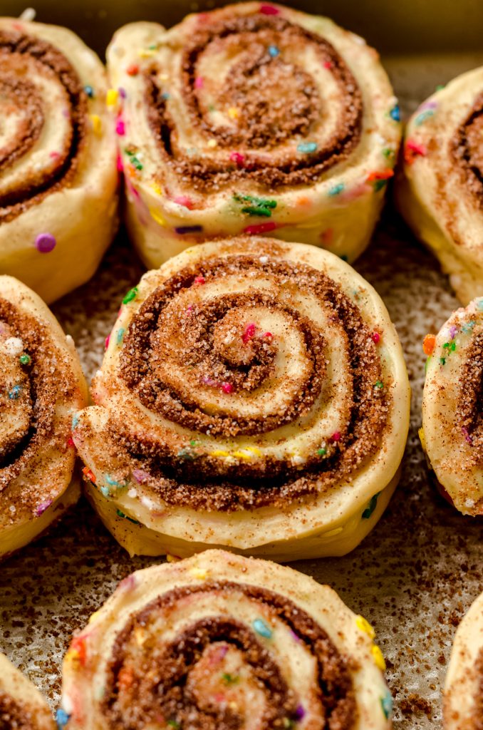 Closeup of funfetti cinnamon rolls before rising.