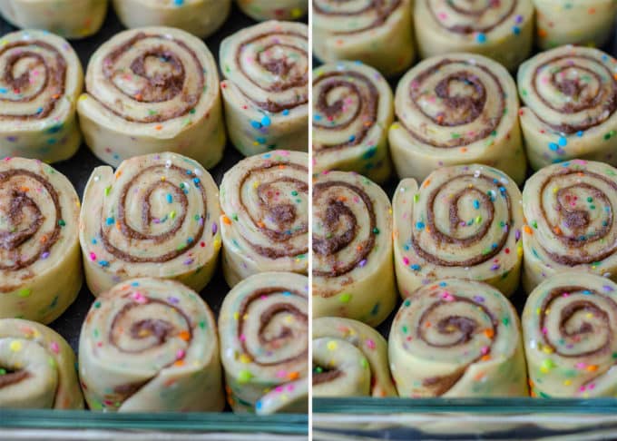 Funfetti Cinnamon Rolls: Simple yeast rolls filled with sweet and gooey cinnamon and studded with sprinkles. Spread with easy cream cheese frosting for an indulgent breakfast or treat!