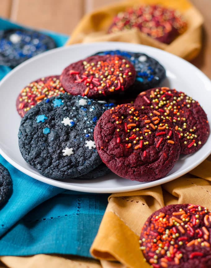 Ice & Fire (Game of Thrones) Cookies: Easy red and blue velvet cookies donned with icy and firey sprinkles.