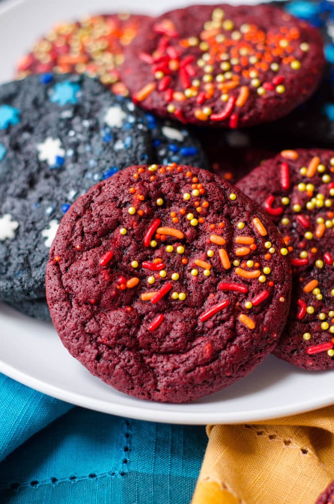 Ice & Fire (Game of Thrones) Cookies: Easy red and blue velvet cookies donned with icy and firey sprinkles.