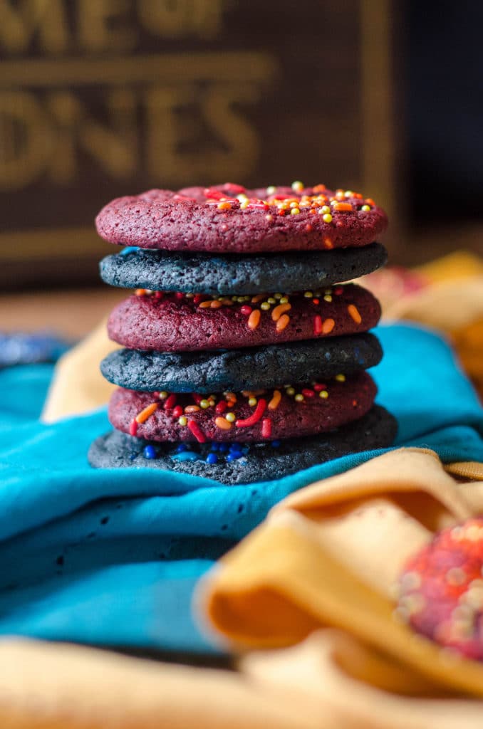 Ice & Fire (Game of Thrones) Cookies: Easy red and blue velvet cookies donned with icy and firey sprinkles.