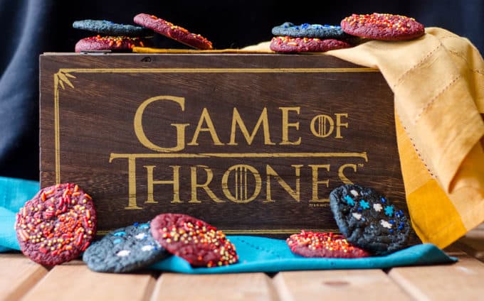 Ice & Fire (Game of Thrones) Cookies: Easy red and blue velvet cookies donned with icy and firey sprinkles.