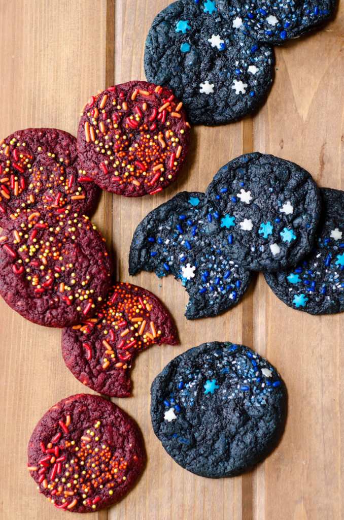 Ice & Fire (Game of Thrones) Cookies: Easy red and blue velvet cookies donned with icy and firey sprinkles.