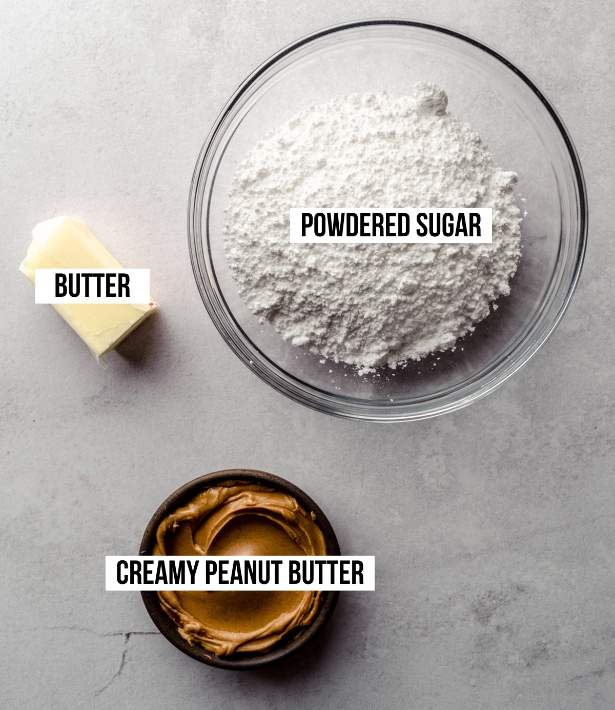 Aerial photo of ingredients to make peanut butter Easter eggs with text overlay.