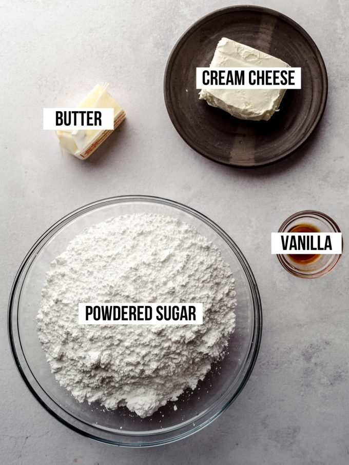 Aerial photo of ingredients to make vanilla buttercream Easter candies with text overlay. 