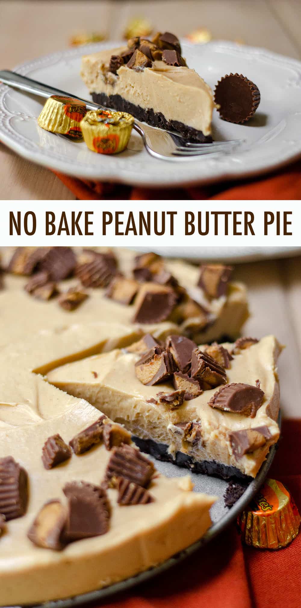 A light and creamy peanut butter filling atop a crushed Oreo crust. The chopped peanut butter cups on top seal the deal for a perfect no bake pie! via @frshaprilflours